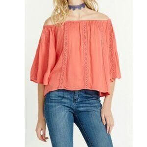 Buffalo David Bitton Edie Off Shoulder Lace Flowy Top Size Small NWT Coral